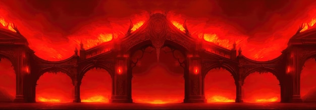 Porta all'inferno il passaggio al regno dei morti La porta al dominio del diavolo Lucifero Tutto è in fiamme illustrazione 3d di fuoco infernale