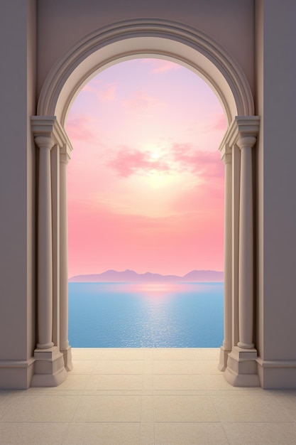 Porta aperta al mare al tramonto rendering 3D disegno digitale computerizzato