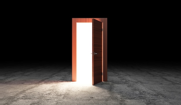 Porta Aperta con portale su pavimento in cemento con effetto luce