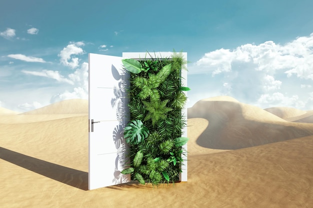 Porta aperta nel deserto che porta al giardino tropicale natura verde sullo sfondo del deserto