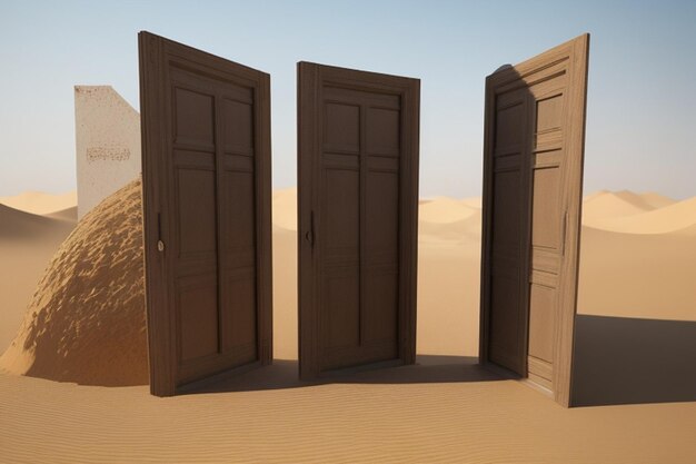 Porta aperta sul deserto Sconosciuto e concetto di avvio Questa è un'illustrazione 3d