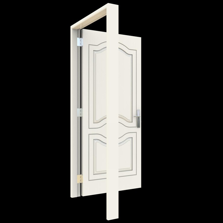 Porta bianca Una porta illuminata esposta in un isolamento sullo sfondo bianco