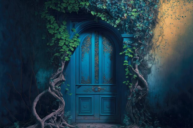 Porta blu con porta ricoperta di rami e foglie
