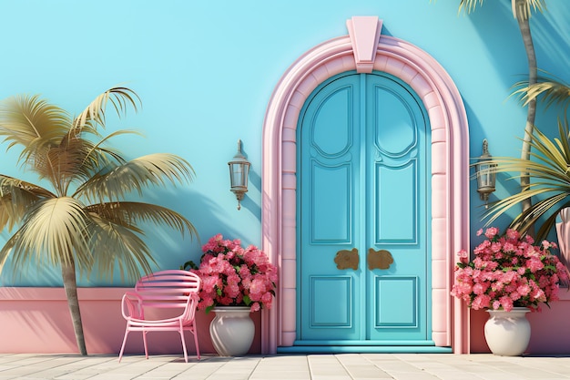 Porta blu con sedia rosa e fiori in vaso AI generativa