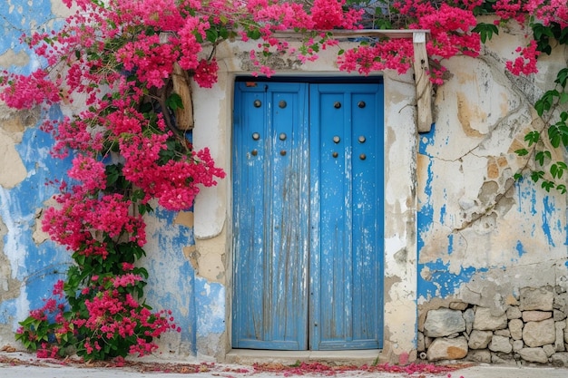 Porta blu e albero di bougainvillea sulla strada di Crete