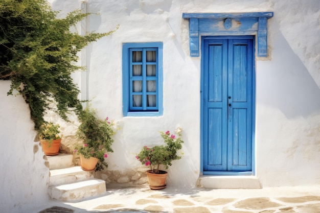 Porta blu su una casa greca imbiancata in stile mediterraneo IA generativa