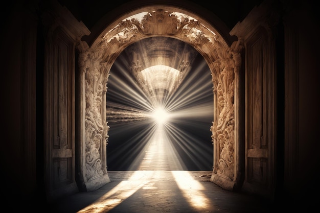 Porta celeste con raggi di luce che brillano attraverso e intorno ad essa creati con l'IA generativa