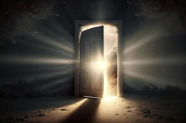 Porta con luce brillante che brilla da dietro illuminando un percorso verso il cielo