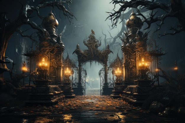 Porta con sfondo a tema di Halloween porta di cimitero spaventosa AI generativa