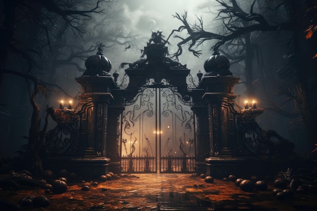 Porta con sfondo a tema di Halloween porta di cimitero spaventosa AI generativa