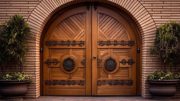 Porta d'ingresso automatica in legno marrone Generative AI