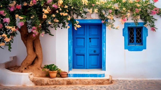 Porta d'ingresso blu in legno IA generativa