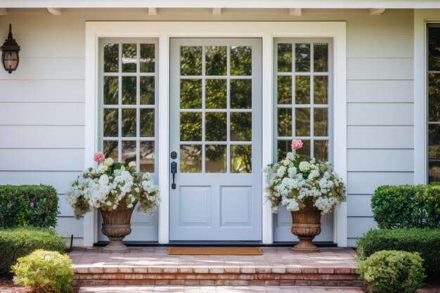 Porta d'ingresso con finestre decorative quadrate e vasi di fiori