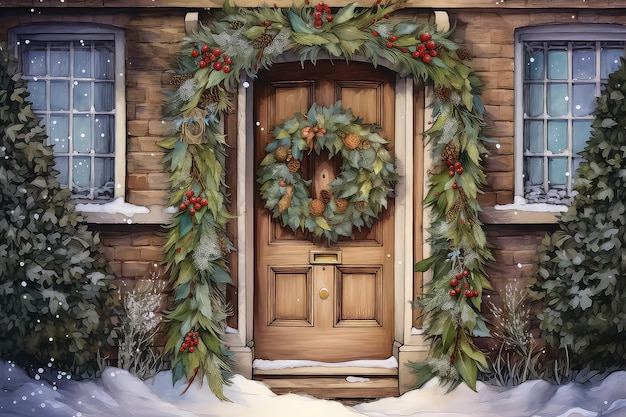 Porta d'ingresso decorata con albero di Natale e decorazioni