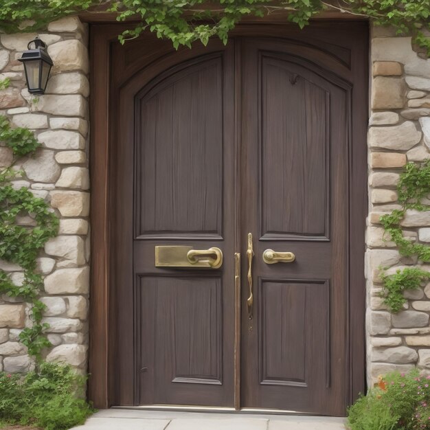 Porta d'ingresso di un vecchio piccolo edificio Porta in legno marrone semplicemente intagliato con finestra di forma rotonda