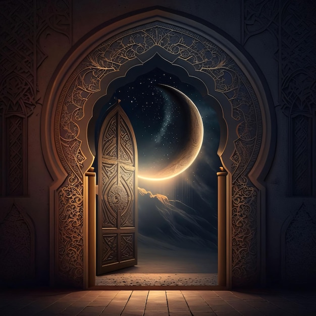 Porta decorata aperta che domina la Moschea della Città della Mezzaluna come luogo di preghiera per i musulmani