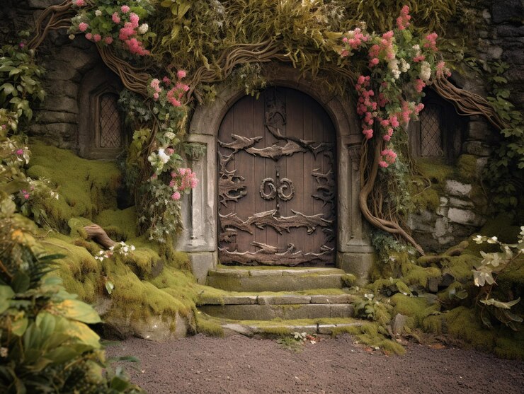 porta di un giardino delle fate con una porta di legno e fiori generativi ai