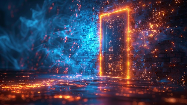 Porta digitale astratta nel futuro Portale tecnologico con luce al neon brillante Porta poli-futuristica bassa in blu tecnologico Concetto di opportunità su sfondo scuro Poligoni a telaio