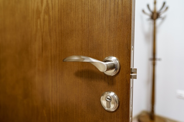 Porta in legno con maniglia in metallo e serratura da vicino