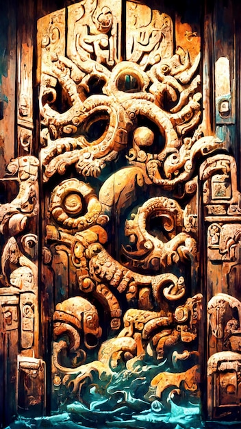 Porta in stile Maya sotto l'illustrazione 3D del mare