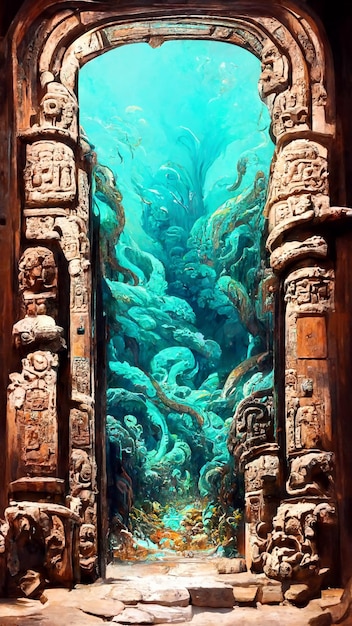 Porta in stile Maya sotto l'illustrazione 3D del mare