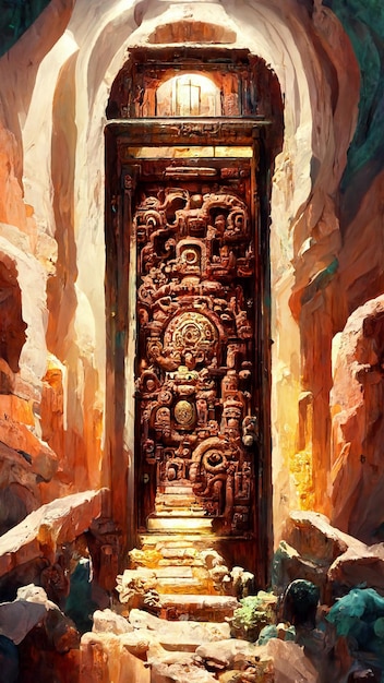 Porta in stile Maya sotto l'illustrazione 3D del mare