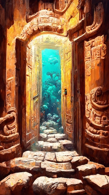 Porta in stile Maya sotto l'illustrazione 3D del mare