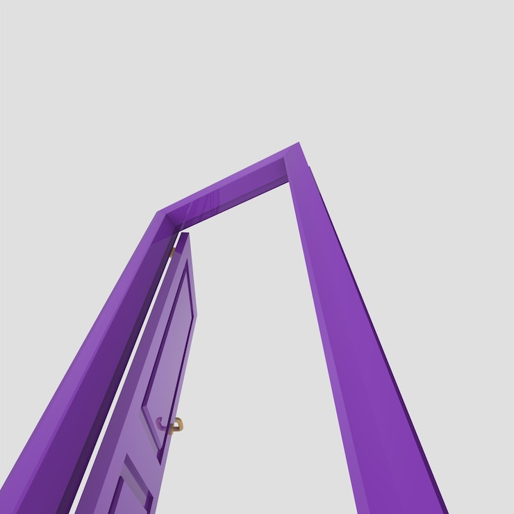 Porta interna in legno viola imposta illustrazione diverso sfondo bianco isolato aperto chiuso