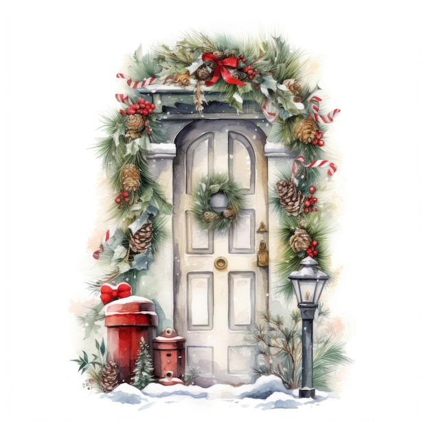 Porta invernale con decorazioni natalizie clipart acquerello isolato sfondo bianco