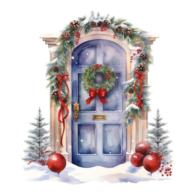 Porta invernale con decorazioni natalizie clipart acquerello isolato sfondo bianco
