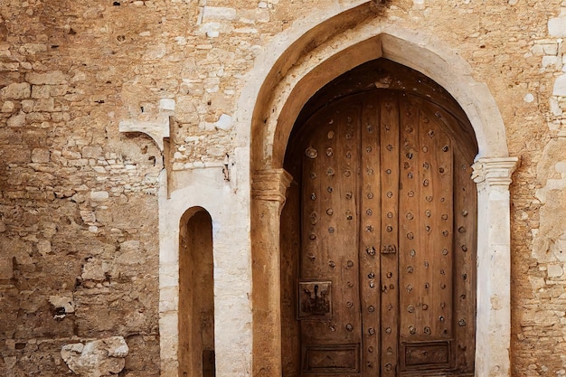 Porta medievale orientale con arco beige nel muro di pietra