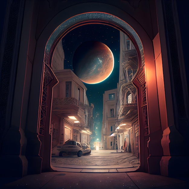 Porta mistica nella città vecchia di notte rendering 3D