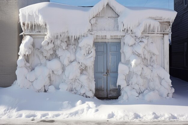 Porta parzialmente coperta dal cumulo di neve creato con l'IA generativa