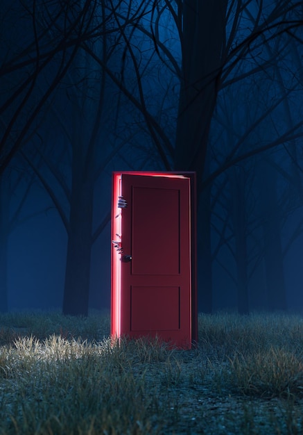 porta rossa con mani inquietanti in una foresta