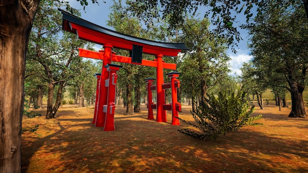 Porta tradizionale giapponese Torii simbolo dello shintoismo Rendering 3D del paesaggio naturale