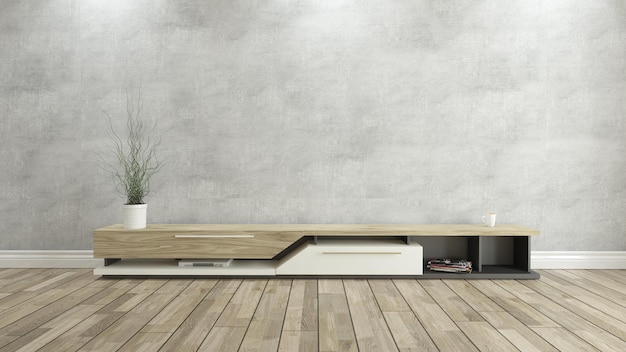 Porta tv con parete in cemento e fondo in parquet in legno per il design