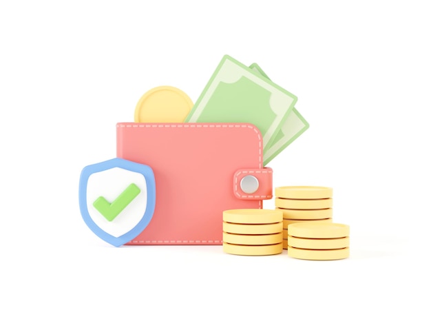 Portafoglio con monete e contanti isolati su sfondo bianco negozio online illustrazione 3d
