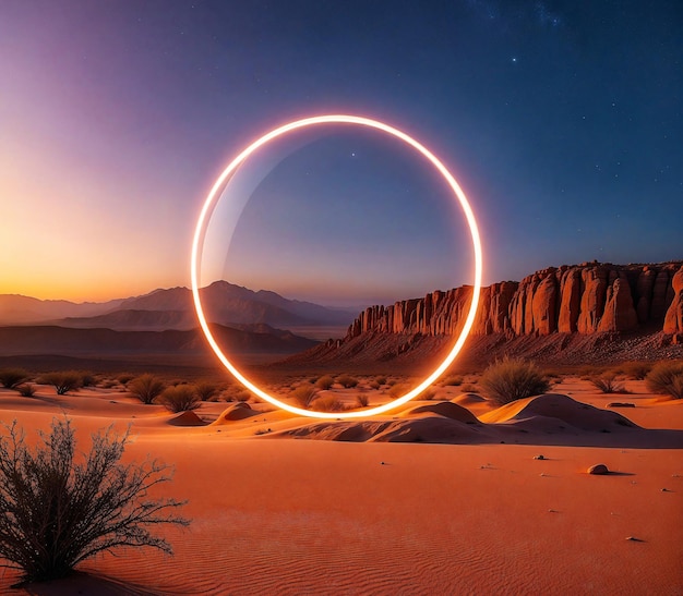 Portale a cerchio al neon luminoso geometrico al tramonto nel deserto