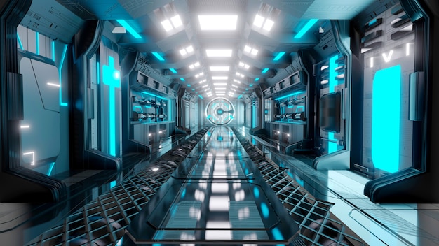 Portale al neon incandescente blu futuristico corridoio di fantascienza
