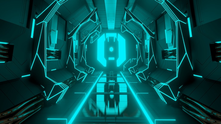 Foto portale al neon luminoso del corridoio futuristico di fantascienza