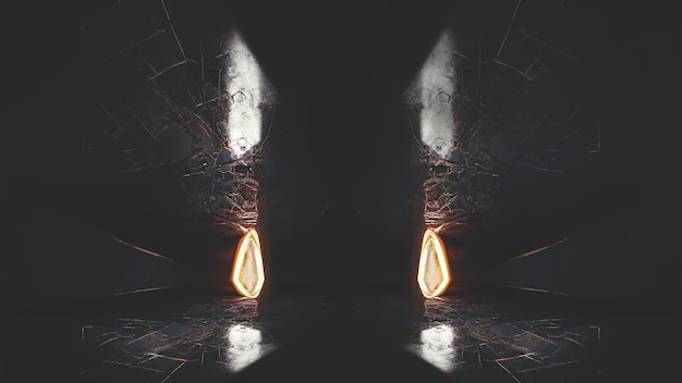 Portale del tunnel al neon interno futuristico astratto Moderno sfondo scuro luci al neon passaggio sotterraneo Il movimento della luce nel buio Illustrazione 3D di sfondo Scifi