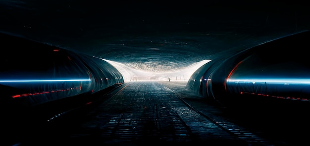 Portale del tunnel al neon interno futuristico astratto Moderno sfondo scuro luci al neon passaggio sotterraneo Il movimento della luce nel buio Illustrazione 3D di sfondo Scifi