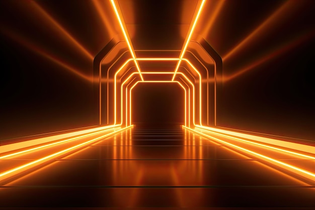 Portale di bellissime luci al neon con linee arancioni incandescenti in un tunnel