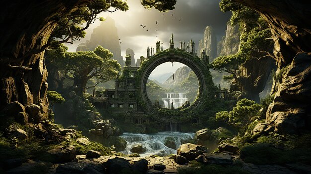 Portale di esplorazione L'immagine di un portale nel mezzo di una foresta che mostra elementi naturali