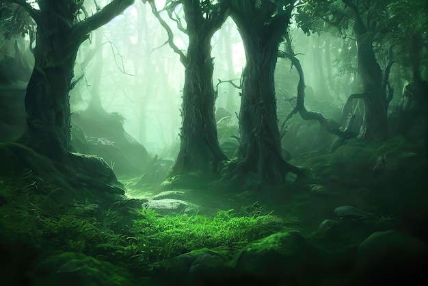 Portale di tiro con l'arco nella misteriosa foresta magica con un bellissimo ambiente