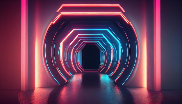 Portale geometrico futuristico astratto della foglia con linee d'onda ad alta velocità in movimento al neon blu rosa