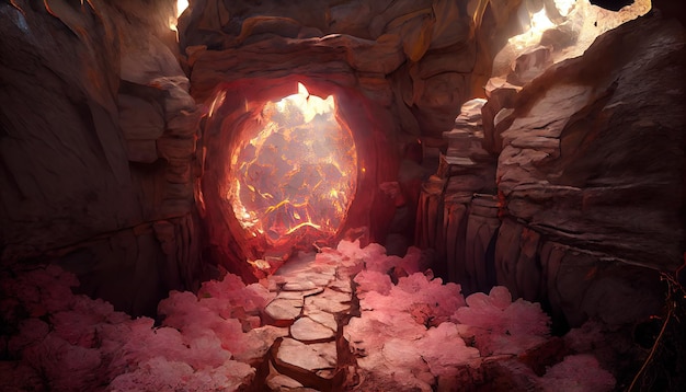 Portale magico nel paesaggio sotterraneo della grotta dell'inferno con pareti rocciose illustrazione 3d