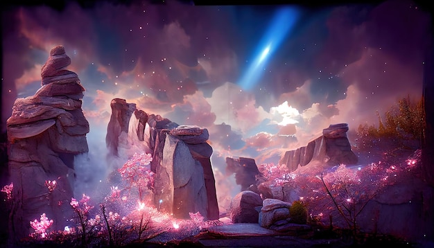 Portale magico su una scogliera di montagna con pietre volanti intorno sotto l'illustrazione 3d del cielo stellato