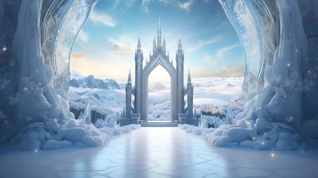 Portale magico sul paesaggio invernale sfondo fiabesco con specchio o cancello in cristallo di ghiaccio con castello fantasy paesaggio innevato con ingresso luminoso sulla roccia sotto il cielo grigio nuvoloso