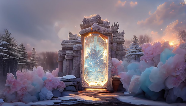 Portale magico sul paesaggio invernale sfondo fiabesco con specchio porta cristallo di ghiaccio o cancello con castello fantasy paesaggio innevato con ingresso luminoso su roccia sotto cielo grigio nuvoloso illustrazione 3d